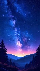 Fototapeta premium Stylized view of a vibrant night sky over silhouetted forest and hills