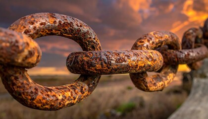 Close-up of rusty chain links with a colorful sunset background
