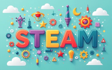 STEAM - science, technology, engineering, art and mathematics with text flat color vector for education apps and websites. High quality
