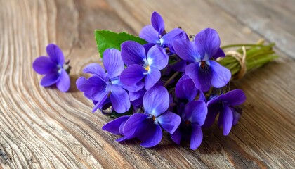 Fototapeta premium Bouquet of vibrant violet flowers tied with string on aged wooden surface