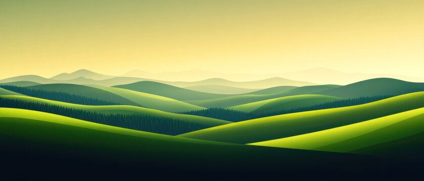 A serene landscape with rolling hills and a hazy sky.