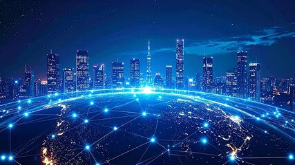 A futuristic cityscape looms over a glowing global network on a dark Earth at night under a starry sky - Powered by Adobe