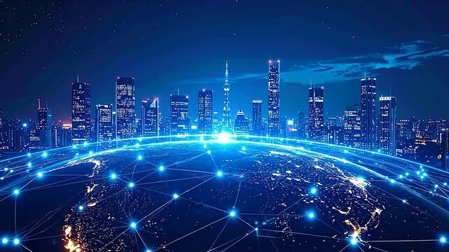 A futuristic cityscape looms over a glowing global network on a dark Earth at night under a starry sky - Powered by Adobe