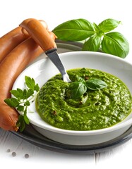 Sausage and green pesto in bowl