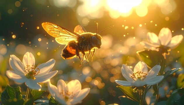 Golden Hour Flight: Bee Hovering Above White Flowers in Sunlit Meadow