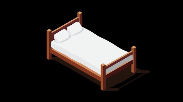 Isometric wooden bed with mattress animation. 3D isometric bed. Wooden bed frame with mattress and pillow. Isometric bedroom furniture. Transparent background with alpha channel