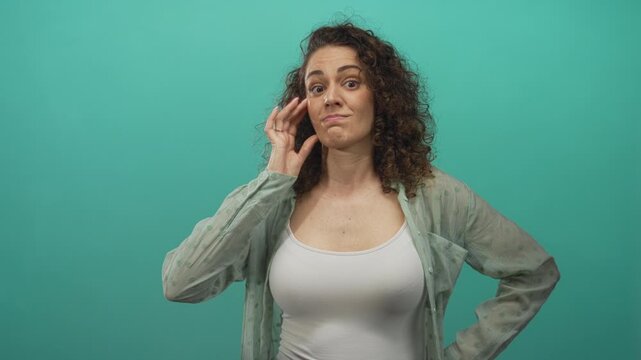 Woman with hand to temple and bare breast visible in white tank top in teal studio, curly hair and skeptical expression; annoyance.