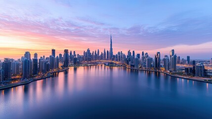 Obraz premium A breathtaking city skyline during twilight, showcasing a vibrant display of lights against a richly colored sky. The reflections in the water enhance the dramatic effect, while the image is