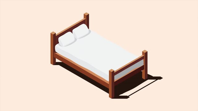 Isometric wooden bed with mattress animation. 3D isometric bed. Wooden bed frame with mattress, pillow, and blanket. Isometric bedroom furniture. 4K video animated in isometric style