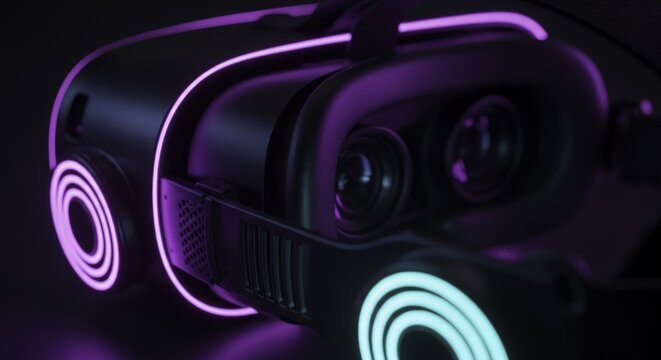 Close-up of a modern VR headset illuminated by vibrant neon purple and cyan lights, showcasing sleek design and advanced immersive technology. - Powered by Adobe