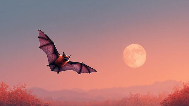 Soft Dusk Magic – Bat and Moon over Crimson Woods