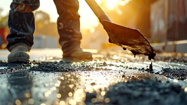 Shovel breaking wet aggregate on a construction site, bathed in golden hour light, worker's boots visible