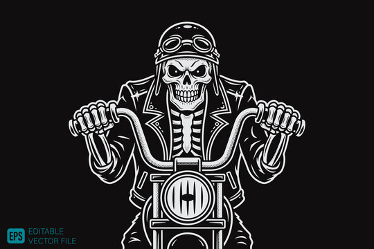 Skull Biker Riding Motorcycle in Classic Leather Jacket and Gogg
