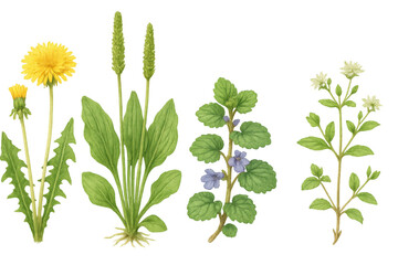 Dandelion, plantain, ground ivy, and other wild plants botanical watercolor illustration on transparent background