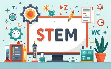 STEM education - science, technology, engineering and mathematics in flat vector illustration with word for apps or website. High quality