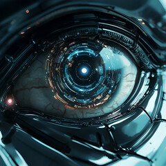 Cybernetic Eye Close-Up, Close-Up of a Cybernetic Eye with AI Vision, Futuristic AI Eye with Digital World Inside, Cybernetic Eye with Digital Data, AI Vision Close-Up: Eye of Technology, Artificial E