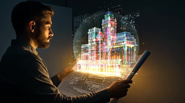Architectural Vision - Man Engaged with Holographic City Blueprint.