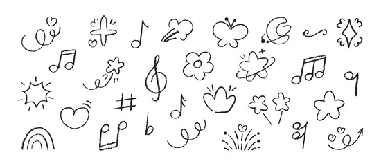 Set of doodle elements with crayon, chalk or pastel texture. Music notes, star, sparkle, rainbow illustration painted by pastel or pencil. Grunge vector illustration.