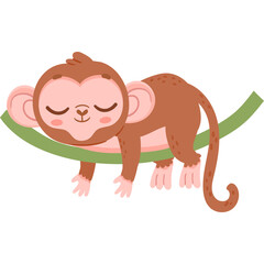 Cute Cartoon Monkey Sleeping Peacefully on a Green Branch with Eyes Closed and Pink Cheeks Gentle and Calm Illustration