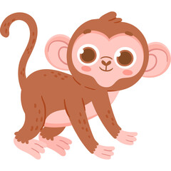 Cute Cartoon Monkey With Big Eyes And Brown Fur On Transparent Background