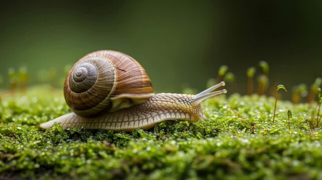 A snail with a spiral shell glides across vibrant, dew-kissed moss