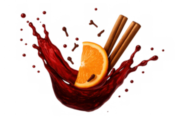 Mulled wine splash with orange, cinnamon sticks, and cloves, enjoying a warm holiday season drink, transparent background