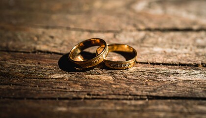 Two wedding rings in warm light on rustic wood