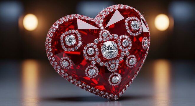 Exquisite Ruby Heart Brooch with Diamond Accents.