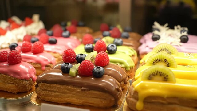 Colorful Eclairs with Berries and Kiwi - This video shows a close-up of a variety of colorful eclairs displayed in a pastry shop or bakery.