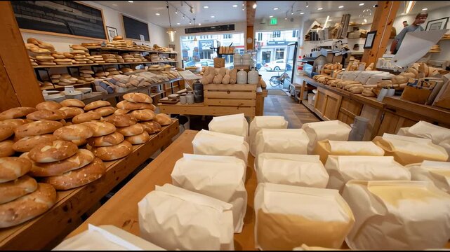 Artisan bakery with flour bags, fresh bread, and sustainable packaging