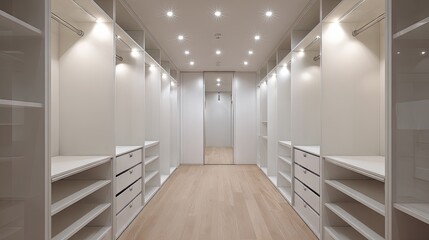 Modern and Spacious Walk-in Closet Design with Bright Lighting