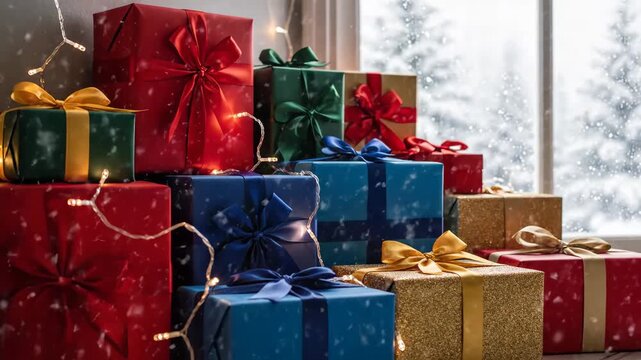 Stacked Christmas Gift Boxes by Window - A stack of colorful wrapped gift boxes is placed near a window, creating a festive holiday scene.