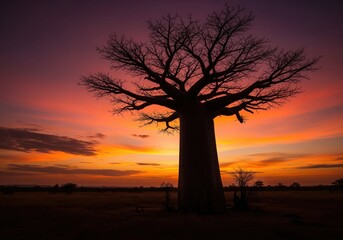 Iconic baobab tree silhouette against a breathtaking vibrant sunset sky in african savanna