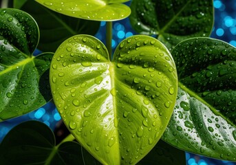 Obraz premium Vibrant lime green heart shaped philodendron leaves covered in fresh water drops