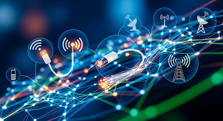 Illustration of network connections with cables, antennas, and mobile phone icons on a dark blue background