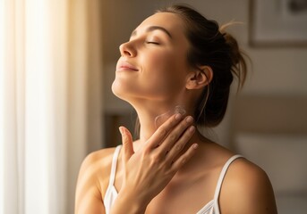 Woman applying skincare cream to her neck, eyes closed, enjoying a peaceful self care routine