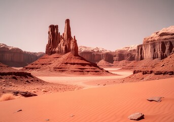 Dramatic martian like red desert with towering sandstone buttes and arid dunes