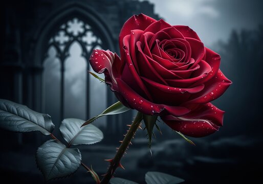 Dramatic deep red rose with glistening dew drops and thorny stem in a dark gothic setting