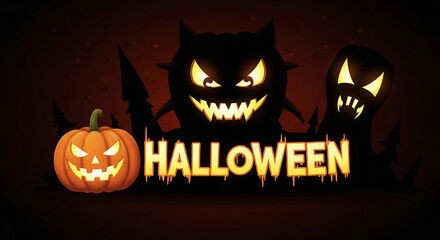 A halloween themed image with a pumpkin, scary monsters and the word halloween in bright letters