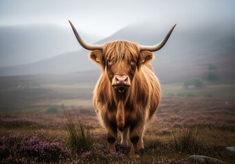 Majestic highland cow with long shaggy hair and impressive horns standing in a misty scottish landscape with heather