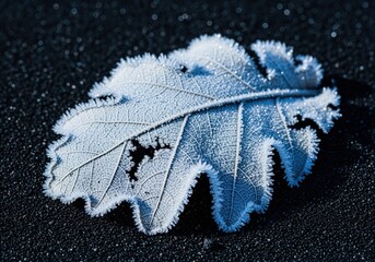 Cinematic close up of a frosted oak leaf covered in ice crystals on a dark winter ground