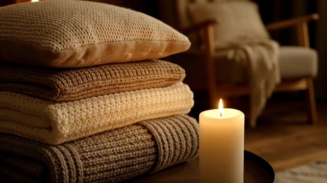 Cozy Home Interior with Candlelight - This video shows a stack of folded knitted blankets and a pillow next to a burning candle, creating a warm and inviting atmosphere.