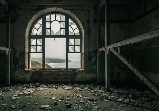 Derelict industrial interior with broken arched window overlooking a misty coastal landscape