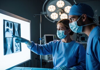 Female surgeon and male resident in masks analyzing x ray images on light box