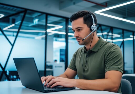 Professional male call center agent with headset diligently typing on laptop in modern workspace.