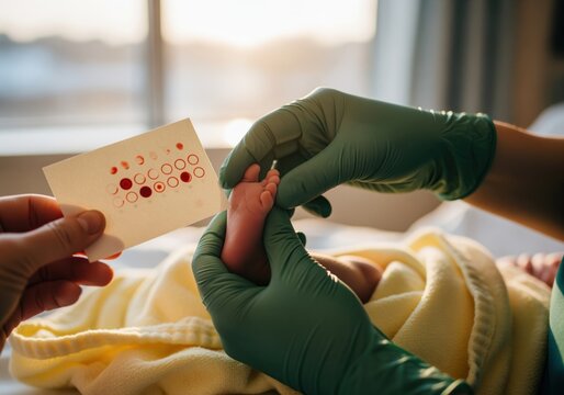 Newborn baby screening test with medical professional collecting blood sample from infant foot