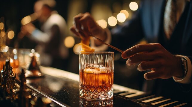Bartender garnishing cocktail with orange peel