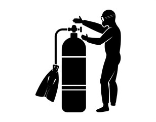 Black silhouette of a diver with equipment, preparing for underwater exploration