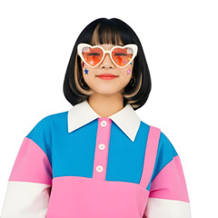 smiling korean girl wearing heart shaped glasses isolated PNG
