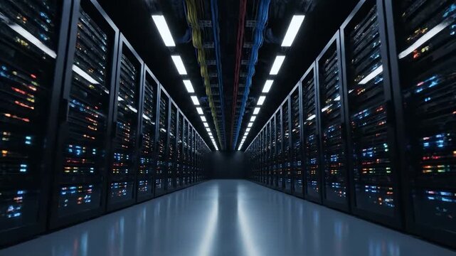 Futuristic Server Room with Glowing Lights and Endless Rows of Data Racks.